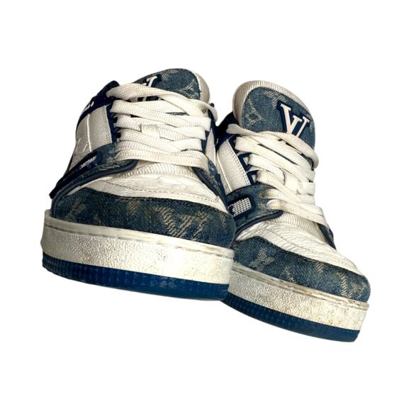 Louis Vuitton Leather Denim Monogram LV Trainer Sneaker Blue White Size 3.5 - Picture 14 of 16